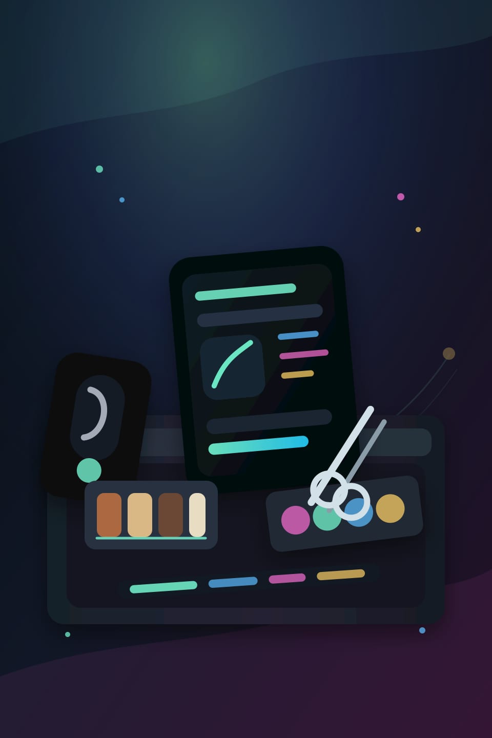 Hair salon appointment desk with phone, scheduling tablet, color swatches, scissors, brush, and styling tools.