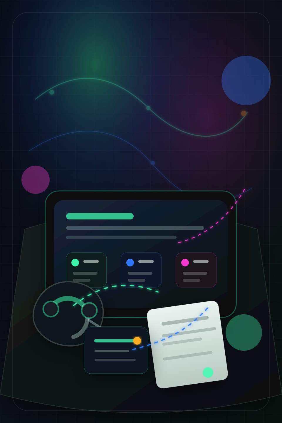 Home care current-client concern desk with phone, headset, care schedule tablet, family update card, blank visit notes, and neon routing cues.