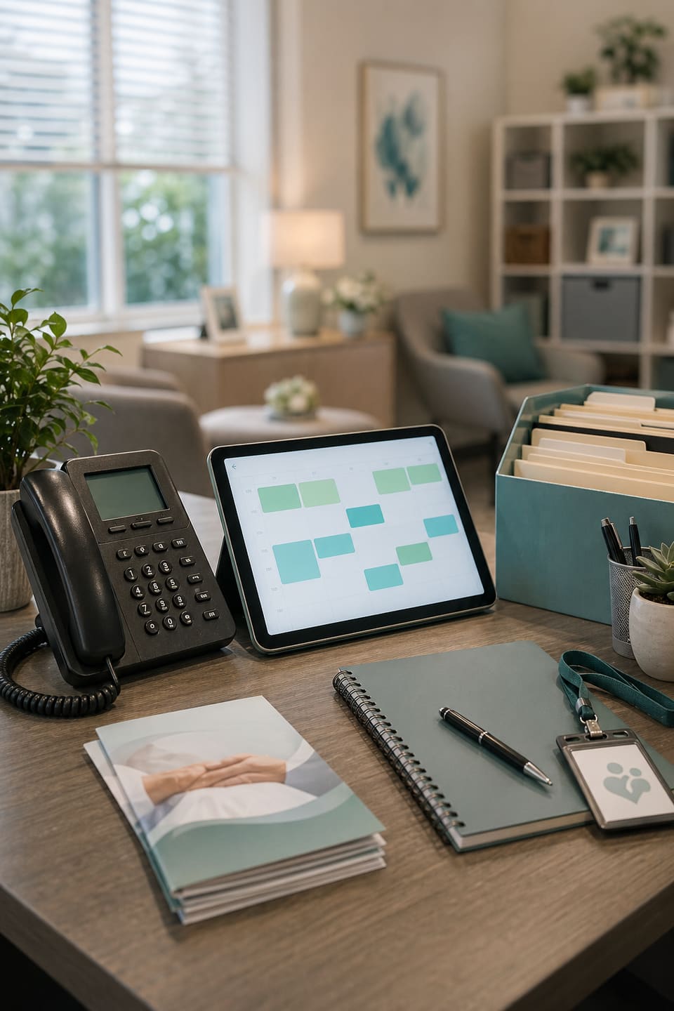 Home care agency intake desk with phone, care scheduling tablet, notebook, and warm office background.