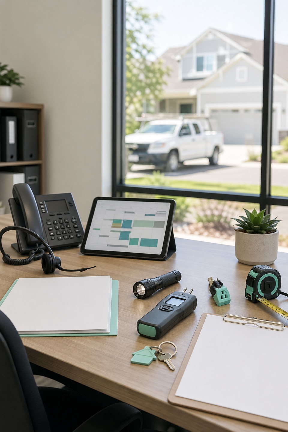 Home inspection scheduling desk with phone, headset, inspection tools, blank report folder, and subtle teal accents.