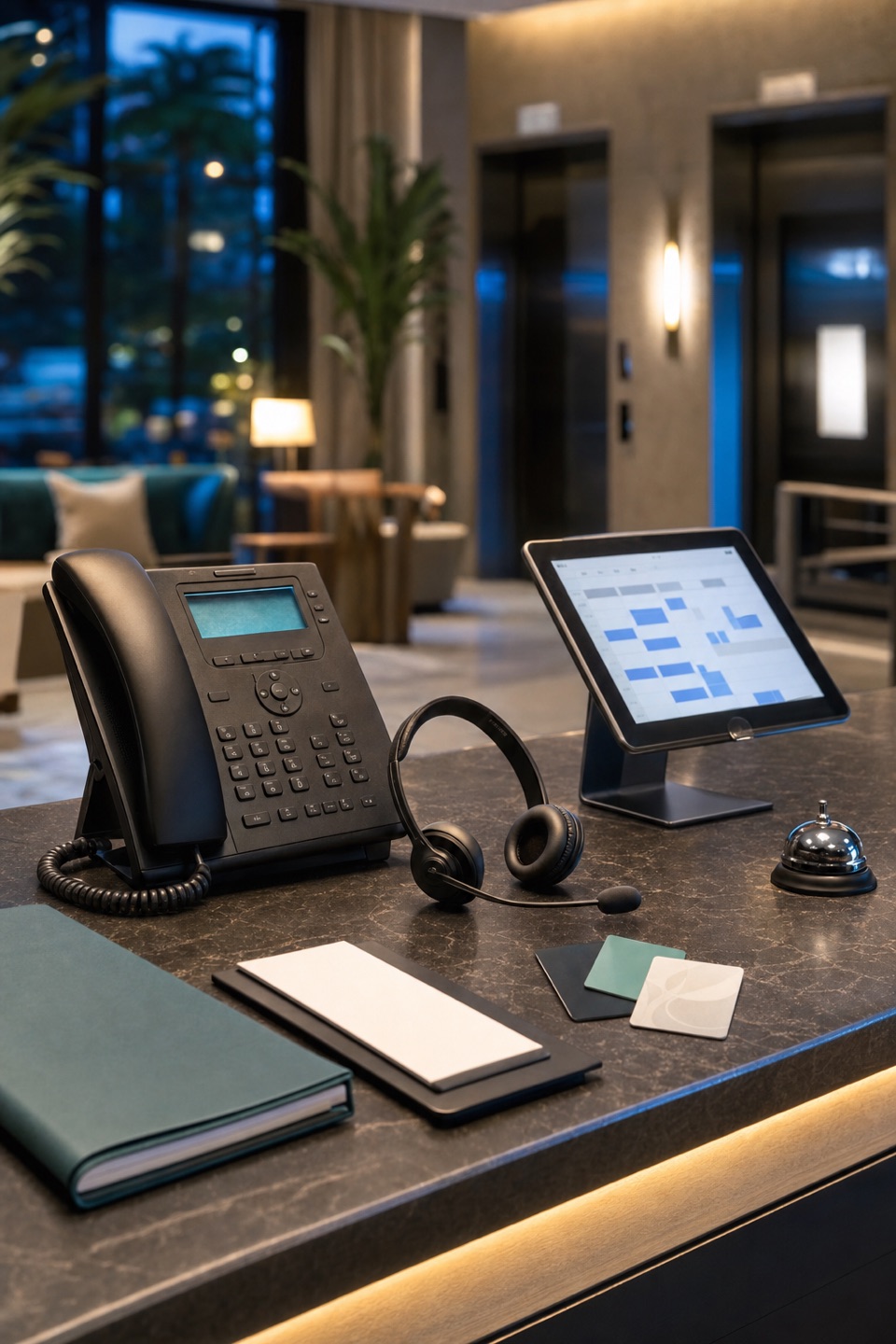Hotel front desk with phone, headset, reservation tablet, room key cards, and lobby elevator background for call coverage planning.