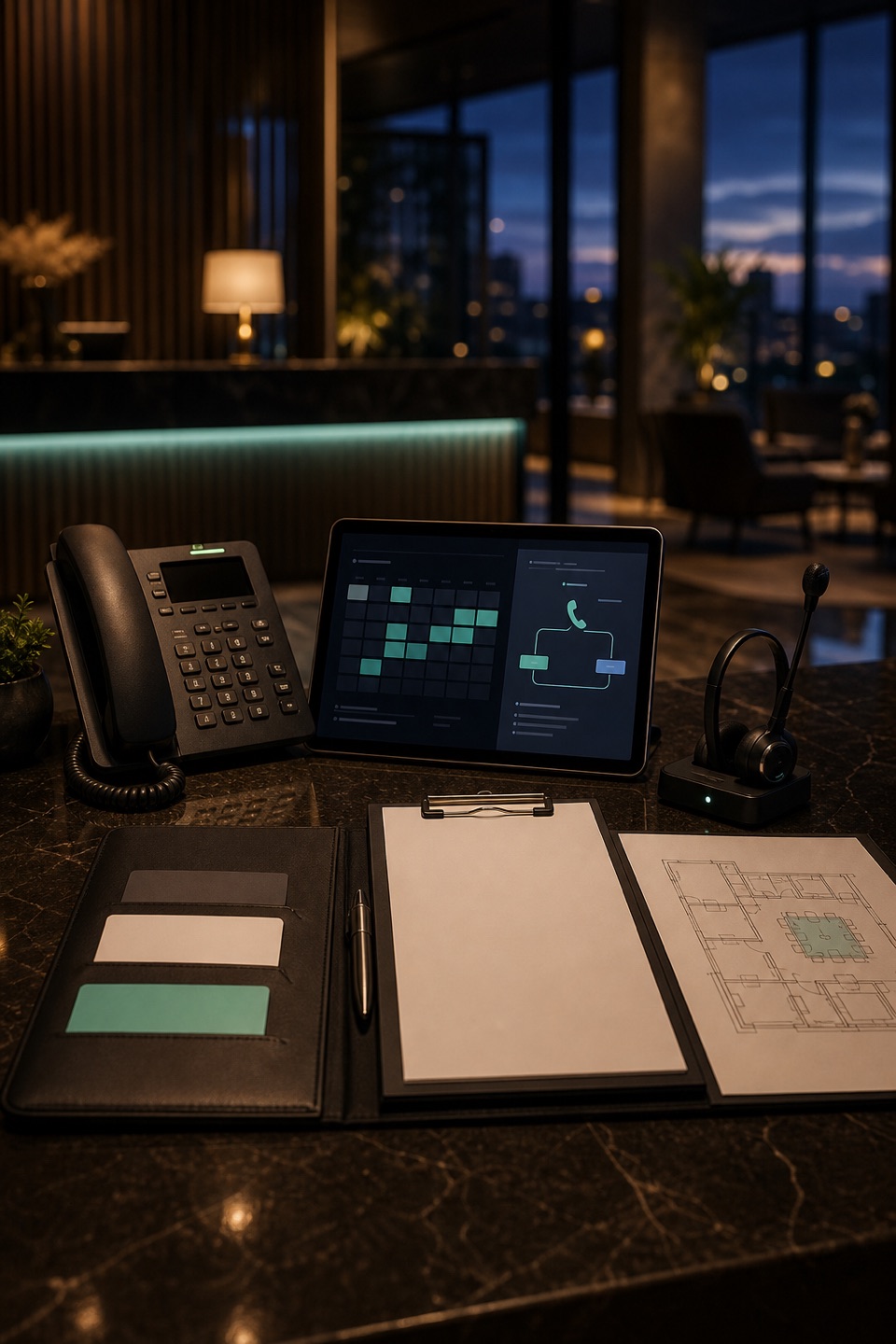 Hotel group-sales intake desk with phone, headset, event folder, rooming-list clipboard, meeting room plan, and neon mint call cues.