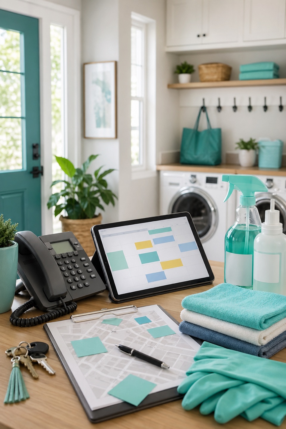House cleaning company dispatch desk with phone, route tablet, cleaning supplies, keys, gloves, and appointment notes.