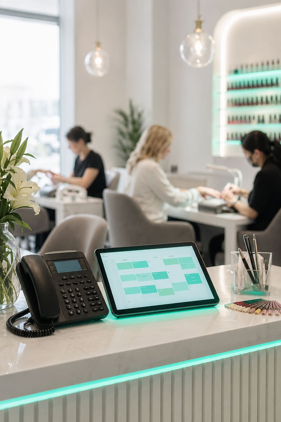 Nail salon booking counter with phone, polish swatches, and appointment tablet.