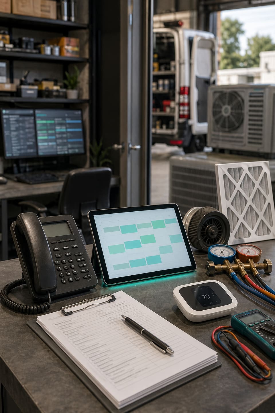 HVAC dispatch desk with phone, route tablet, thermostat, gauges, and service equipment.