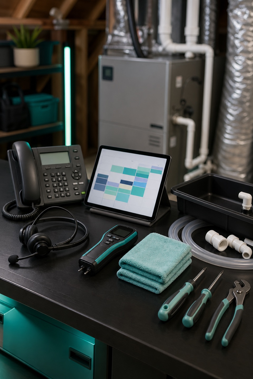Emergency HVAC water leak dispatch desk with phone, headset, dispatch tablet, condensate drain parts, moisture meter, towels, and attic unit context.