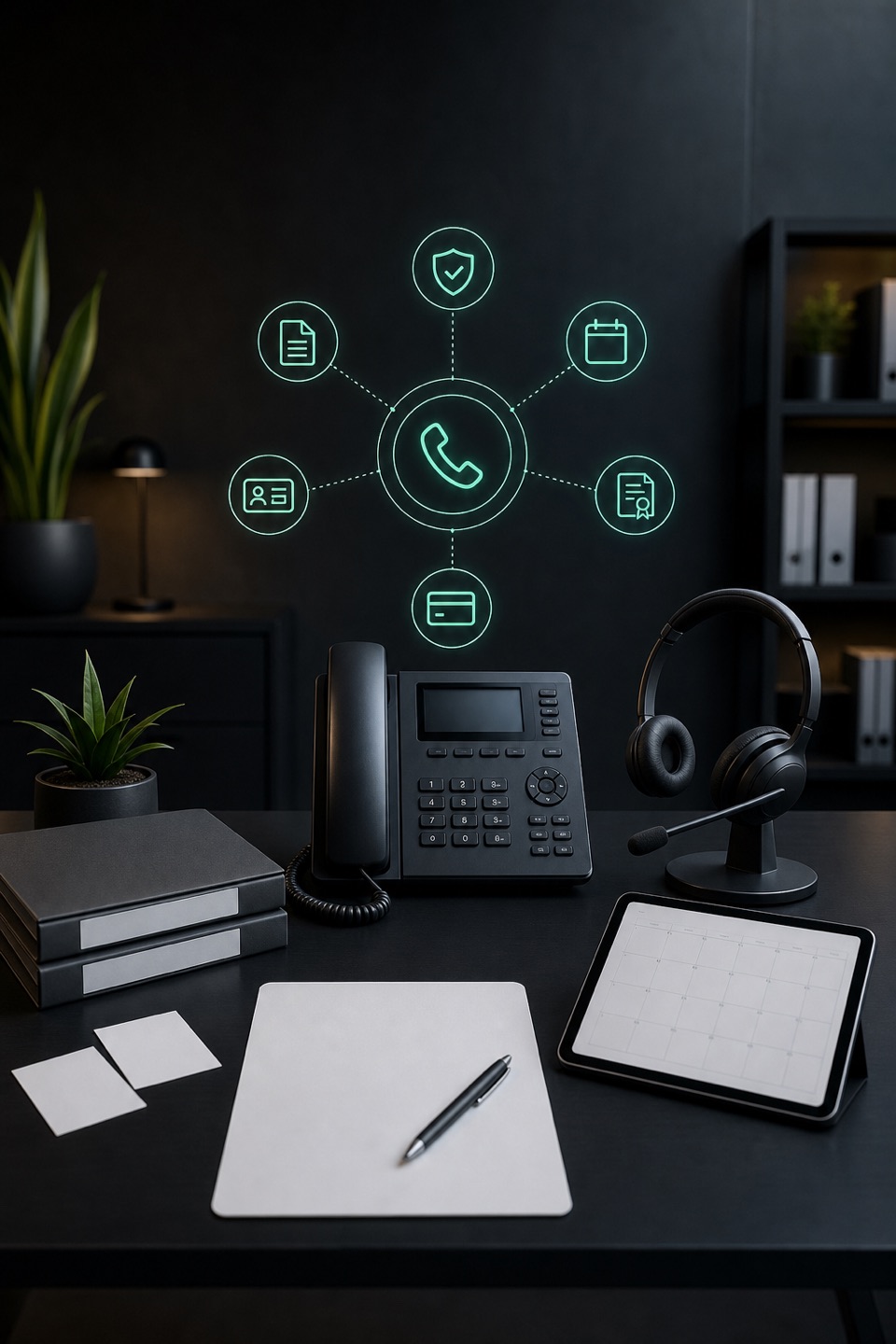 Insurance agency service desk with phone, headset, policy folders, blank cards, calendar tablet, and neon mint call routing icons.