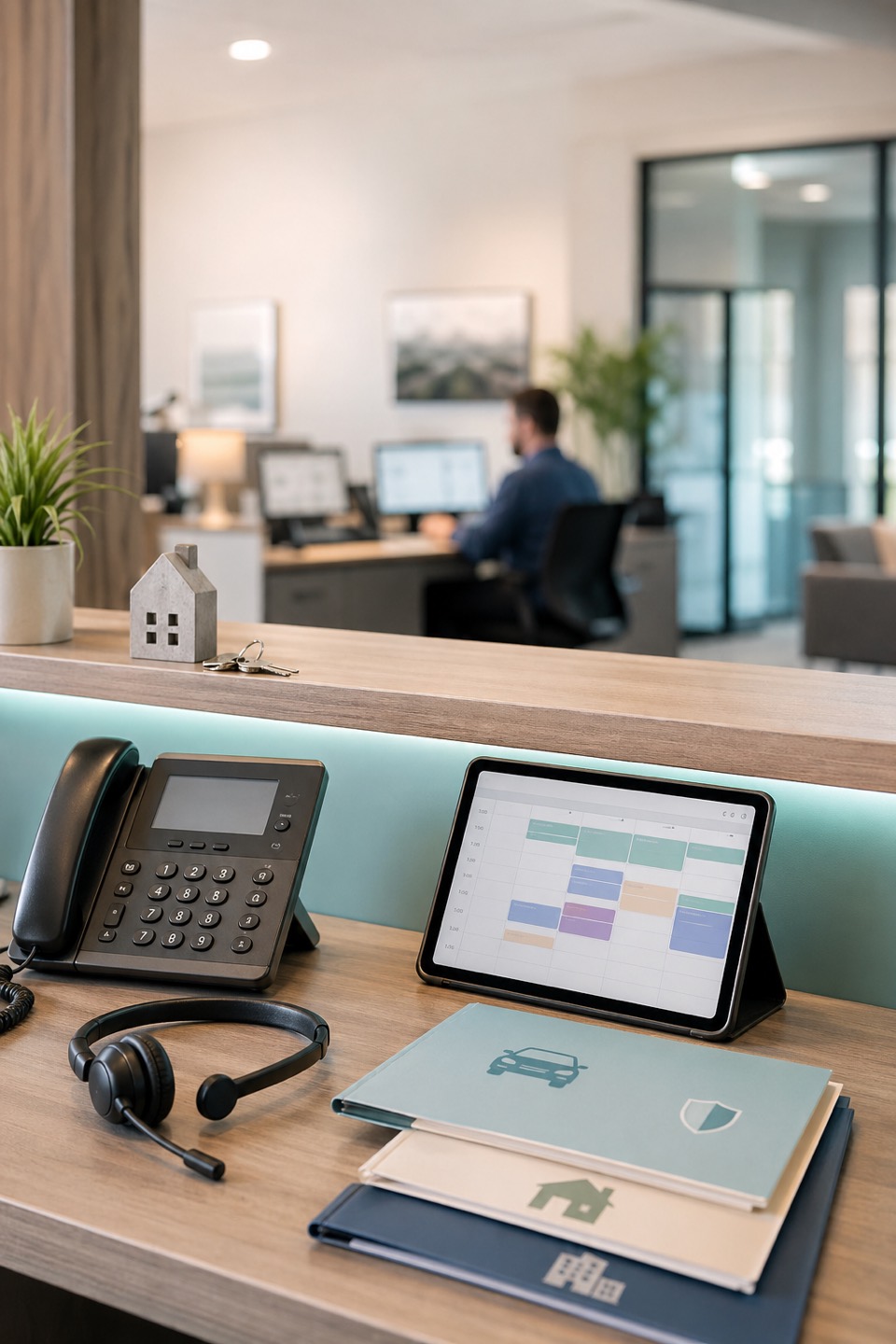 Insurance agency quote desk with phone, headset, scheduling tablet, policy folders, keys, and home coverage cues.