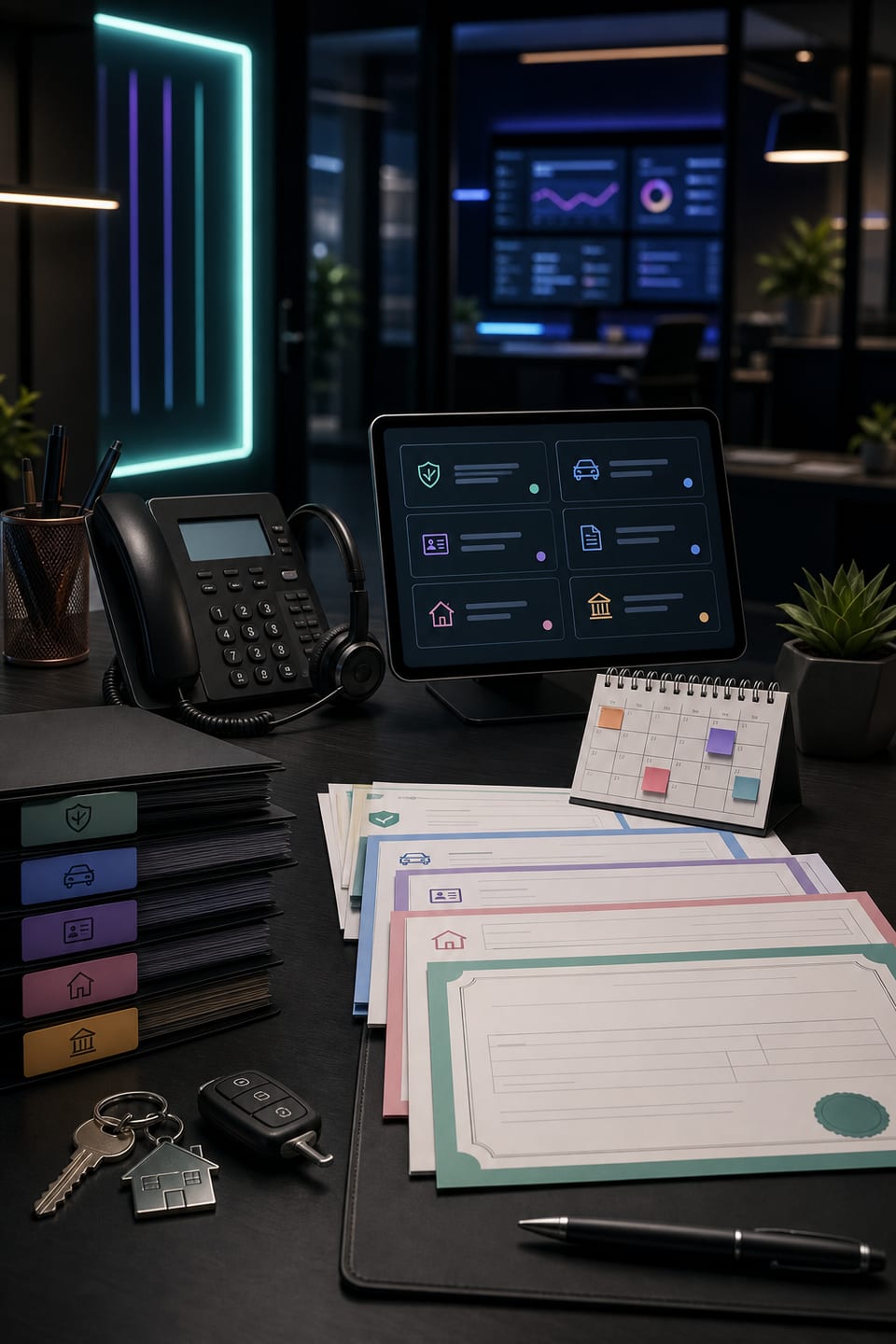Insurance policy change call desk with phone, headset, policy folders, vehicle keys, house key, blank account update forms, and neon mint handoff cues.