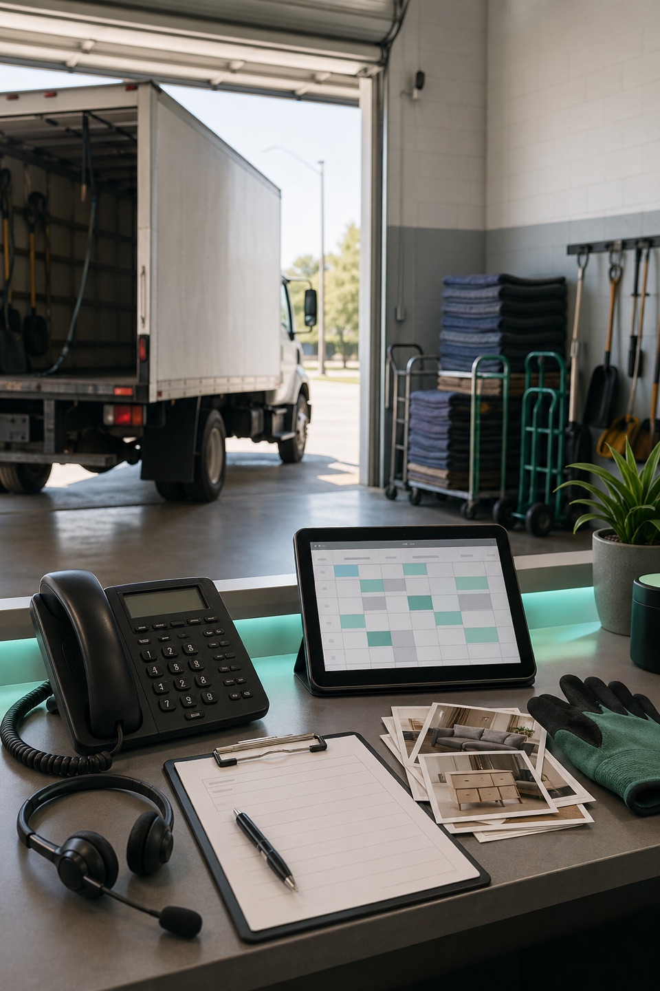 Junk removal dispatch desk with phone, scheduling tablet, hauling equipment, and organized garage bay.