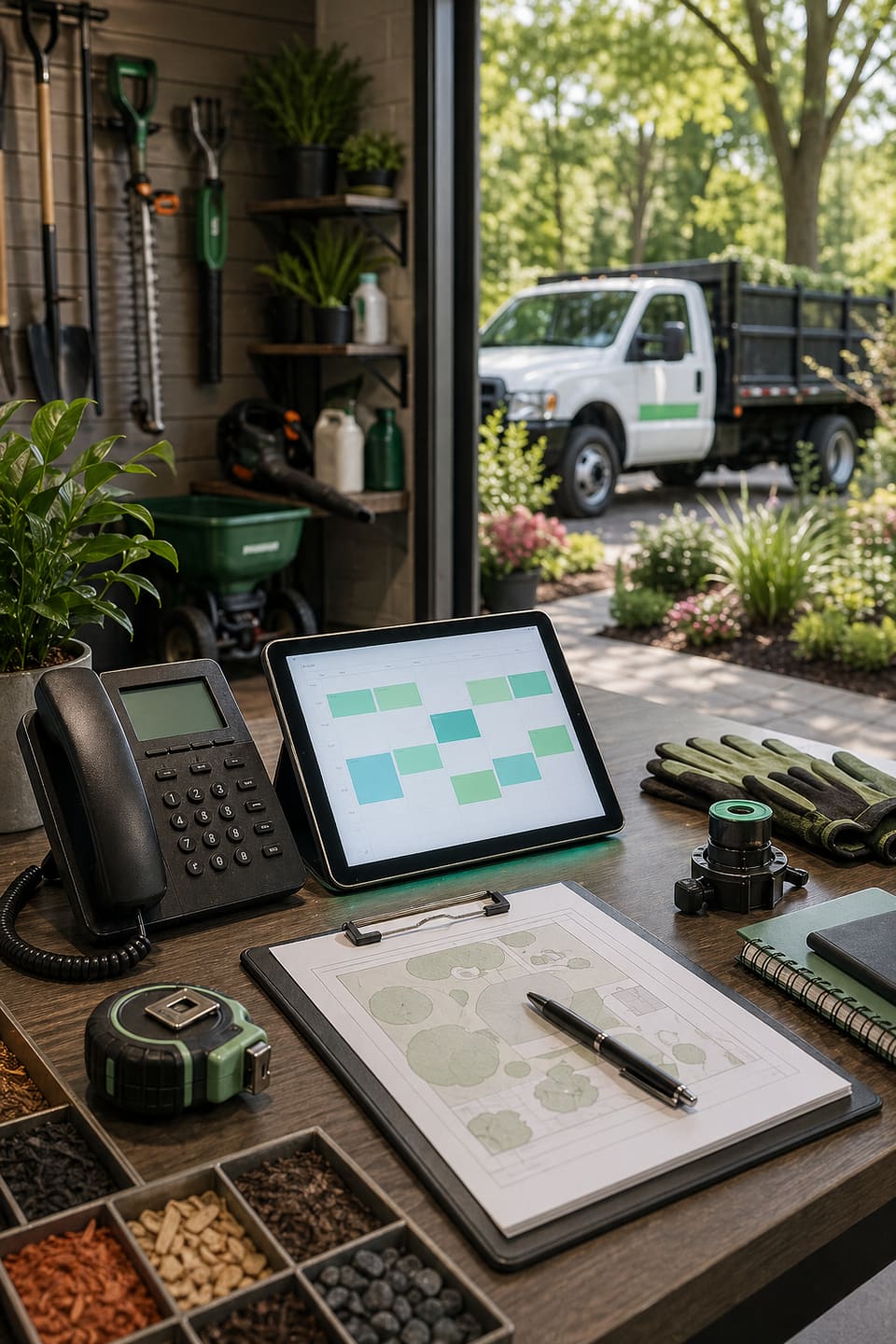 Landscaping company estimate desk with phone, quote tablet, plant samples, and equipment shed background.