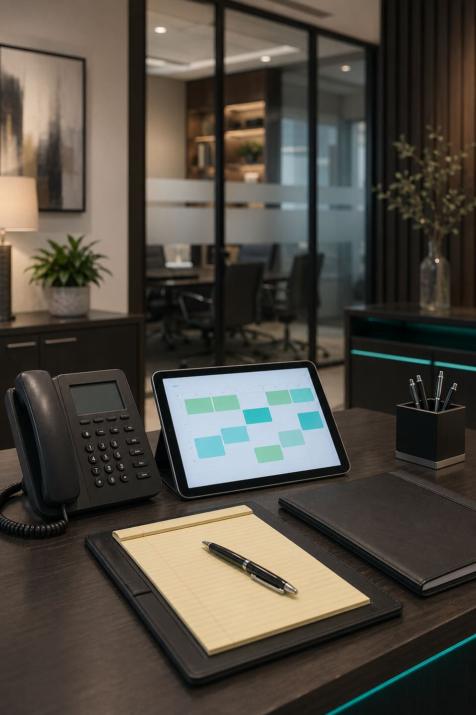 Law firm intake desk with phone, consultation tablet, closed file folder, and conference room background.