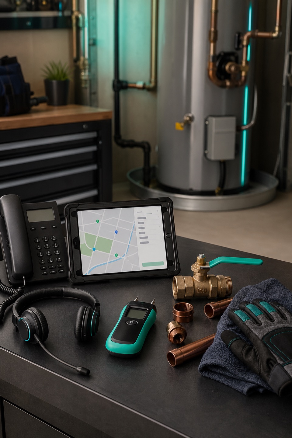 Leaking water heater dispatch desk with phone, headset, dispatch tablet, moisture meter, shutoff valve, copper fittings, towel, and tank context.