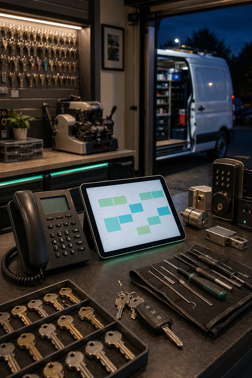 Locksmith dispatch workbench with phone, route tablet, key blanks, locks, and service tools.