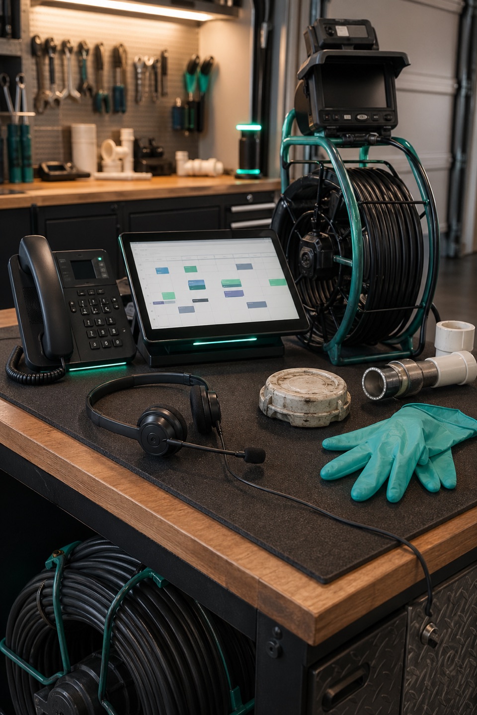 Emergency drain-cleaning dispatch workbench with phone, headset, dispatch tablet, cleanout cap, cable machine, inspection camera, gloves, and subtle teal accents.