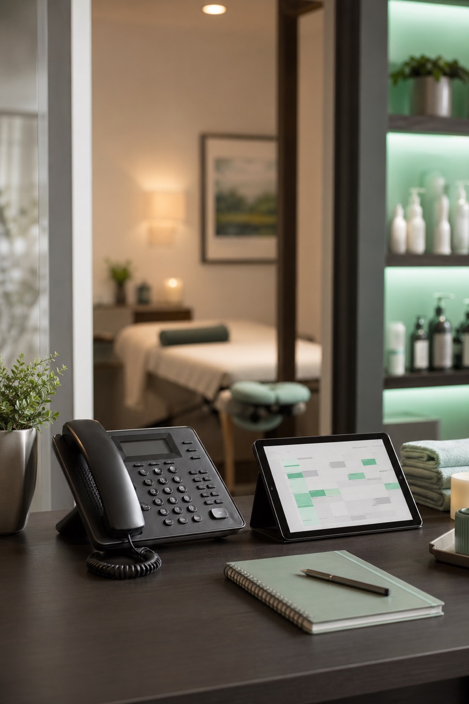 Massage therapy studio reception counter with phone, scheduling tablet, folded towels, and treatment room background.