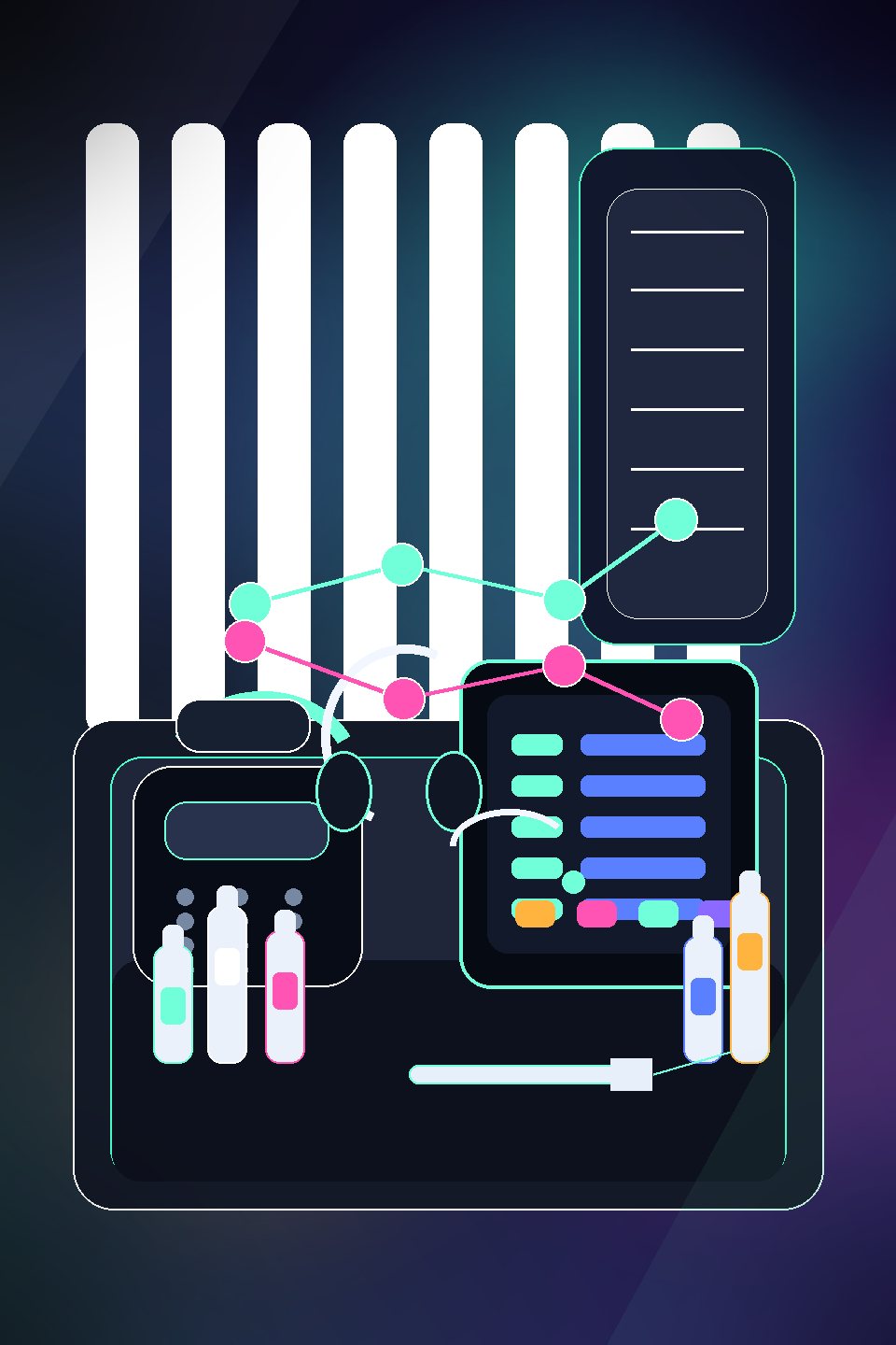 Med spa consultation and rebooking desk with phone, headset, appointment tablet, treatment bottles, and soft neon scheduling cues.