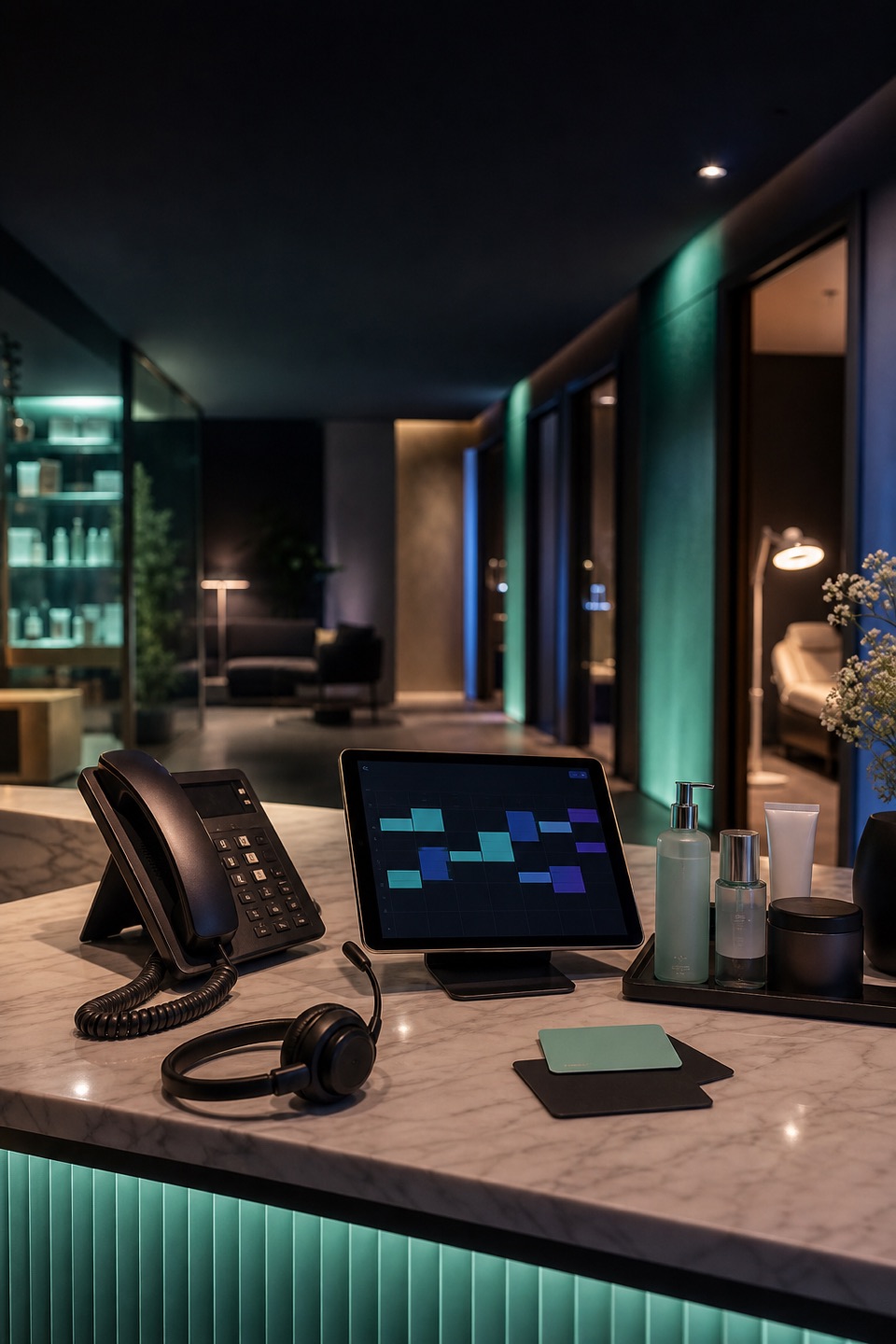Premium med spa event and membership call desk with phone, headset, appointment tablet, blank membership cards, and neon mint lighting.