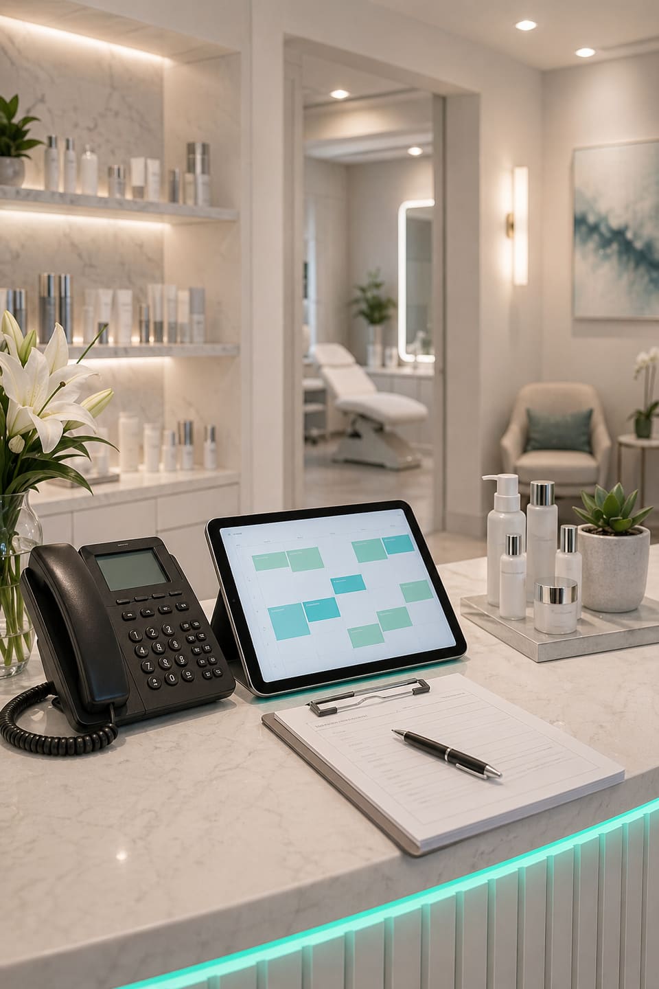 Med spa reception counter with phone, consultation tablet, and premium treatment hallway.