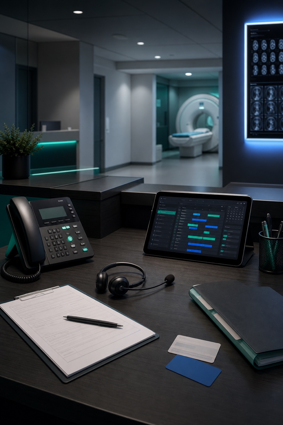 Diagnostic imaging scheduling desk with phone, headset, appointment tablet, blank imaging order forms, and MRI suite hallway.