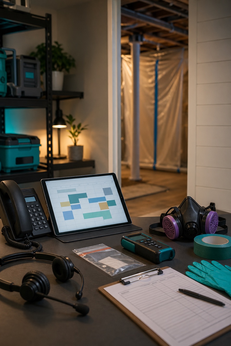 Mold remediation dispatch desk with phone, headset, inspection tablet, moisture meter, respirator, gloves, and containment supplies.