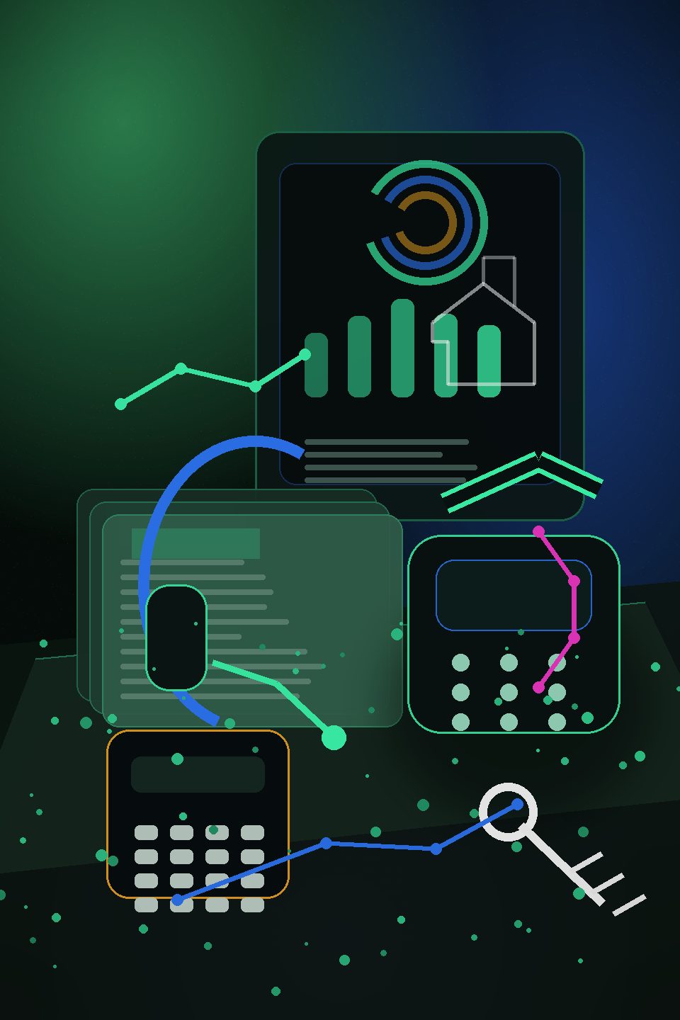 Mortgage lead response desk with phone, headset, loan folder, house keys, calculator, and secure borrower callback tablet.
