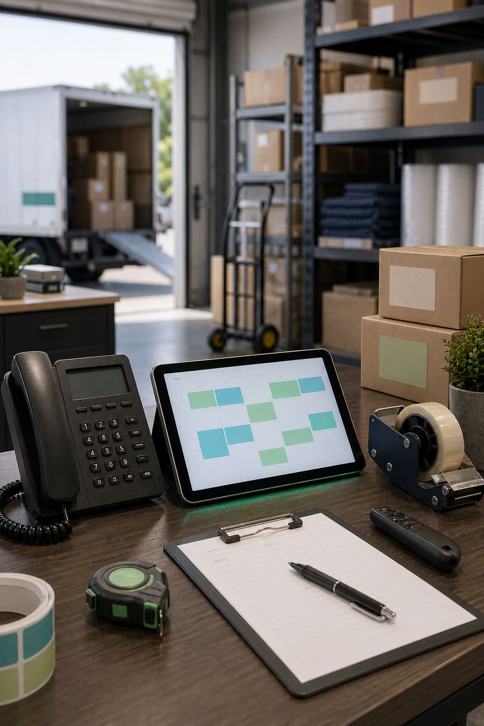 Moving company estimate desk with phone, quote tablet, boxes, packing supplies, and warehouse background.