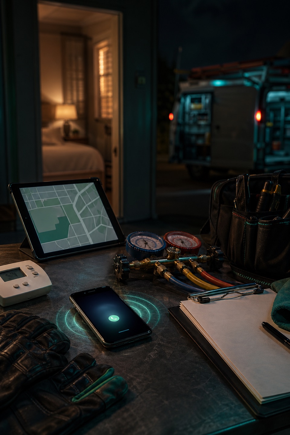Emergency HVAC dispatch workbench with phone, route tablet, thermostat, gauges, and no-cool service context.