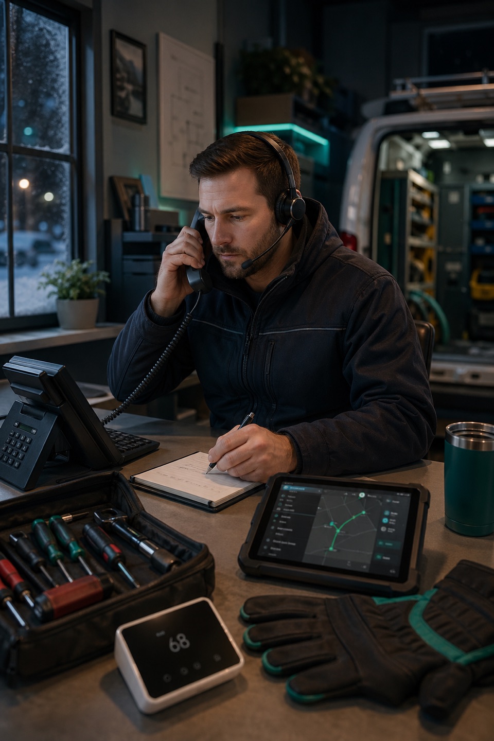Emergency HVAC dispatch desk with phone, headset, dispatch tablet, thermostat, furnace service tools, and winter no-heat service context.