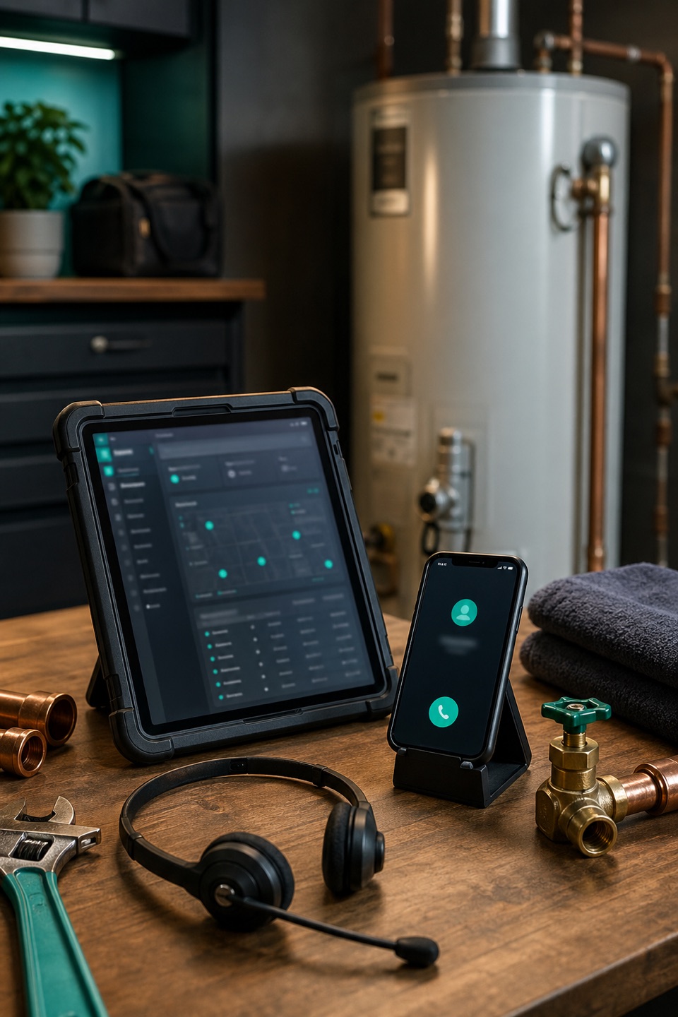 No hot water dispatch desk with phone, headset, status tablet, water heater tools, shutoff valve, towels, and teal accents.