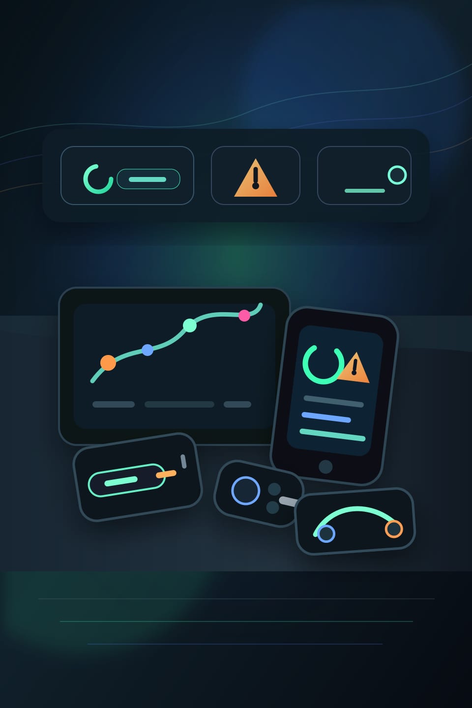 Auto repair no-start and warning-light intake desk with phone, headset, key fob, battery tester, dashboard alert tablet, and service bay context.