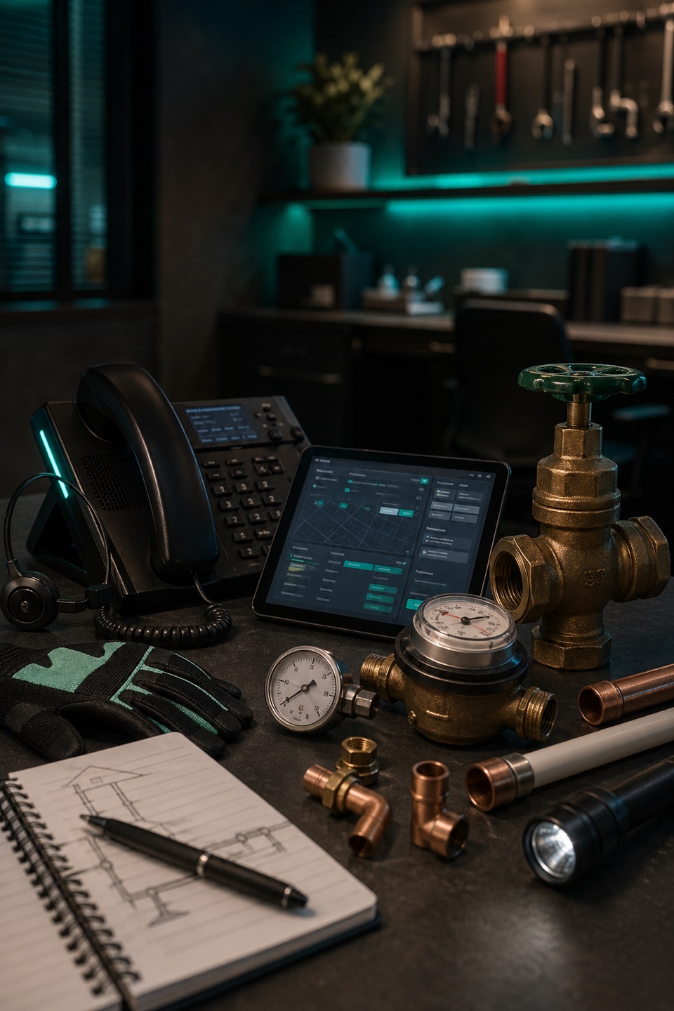 Emergency no-water plumbing dispatch desk with phone, headset, status tablet, shutoff valve, water meter, pressure gauge, and service line notes.