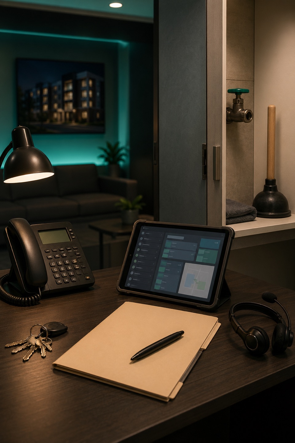 After-hours property management intake desk with phone, headset, route tablet, apartment keys, and clean bathroom maintenance cues.