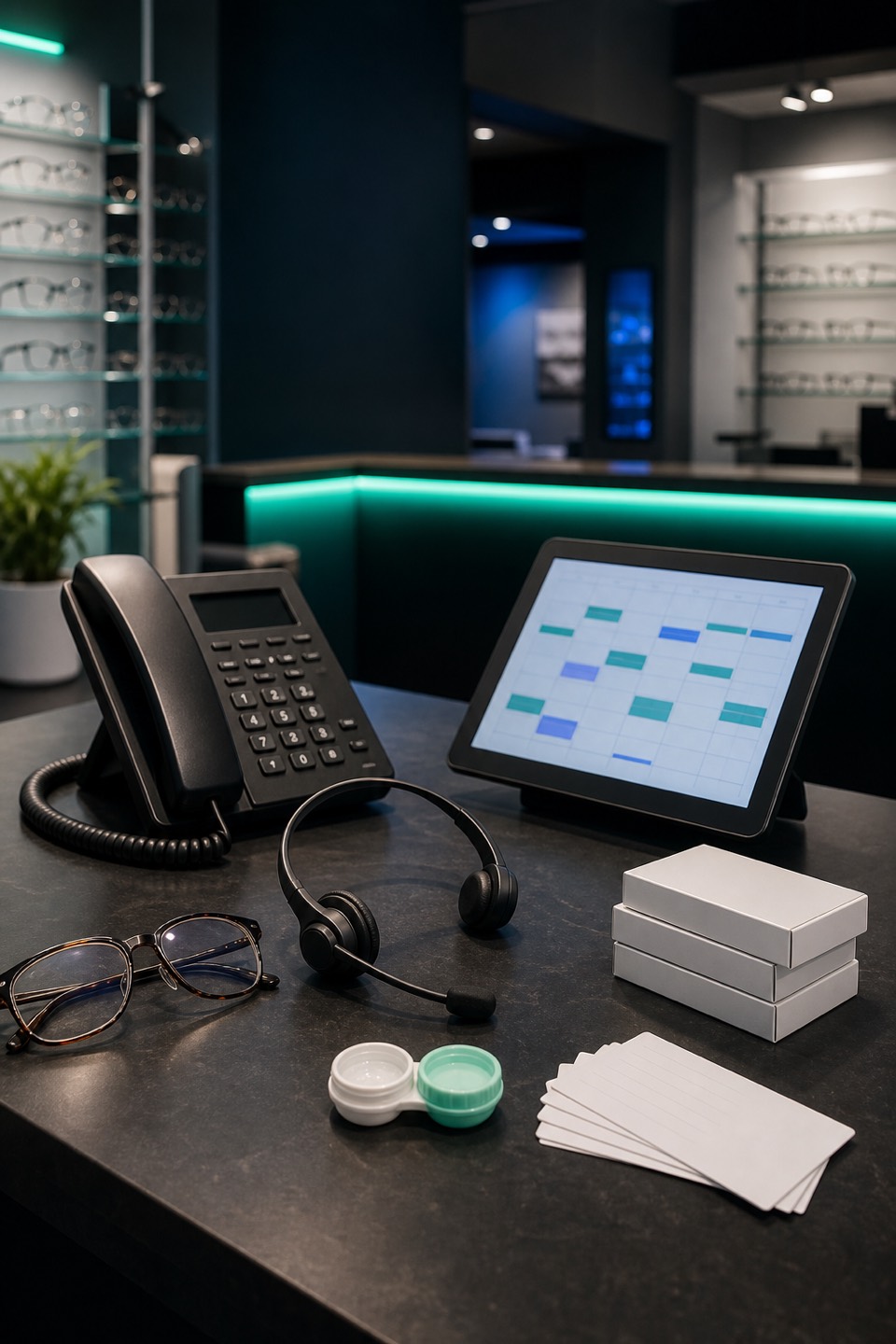 Optometry contact lens and recall intake desk with phone, headset, appointment tablet, lens case, glasses, and clean optical shelves.