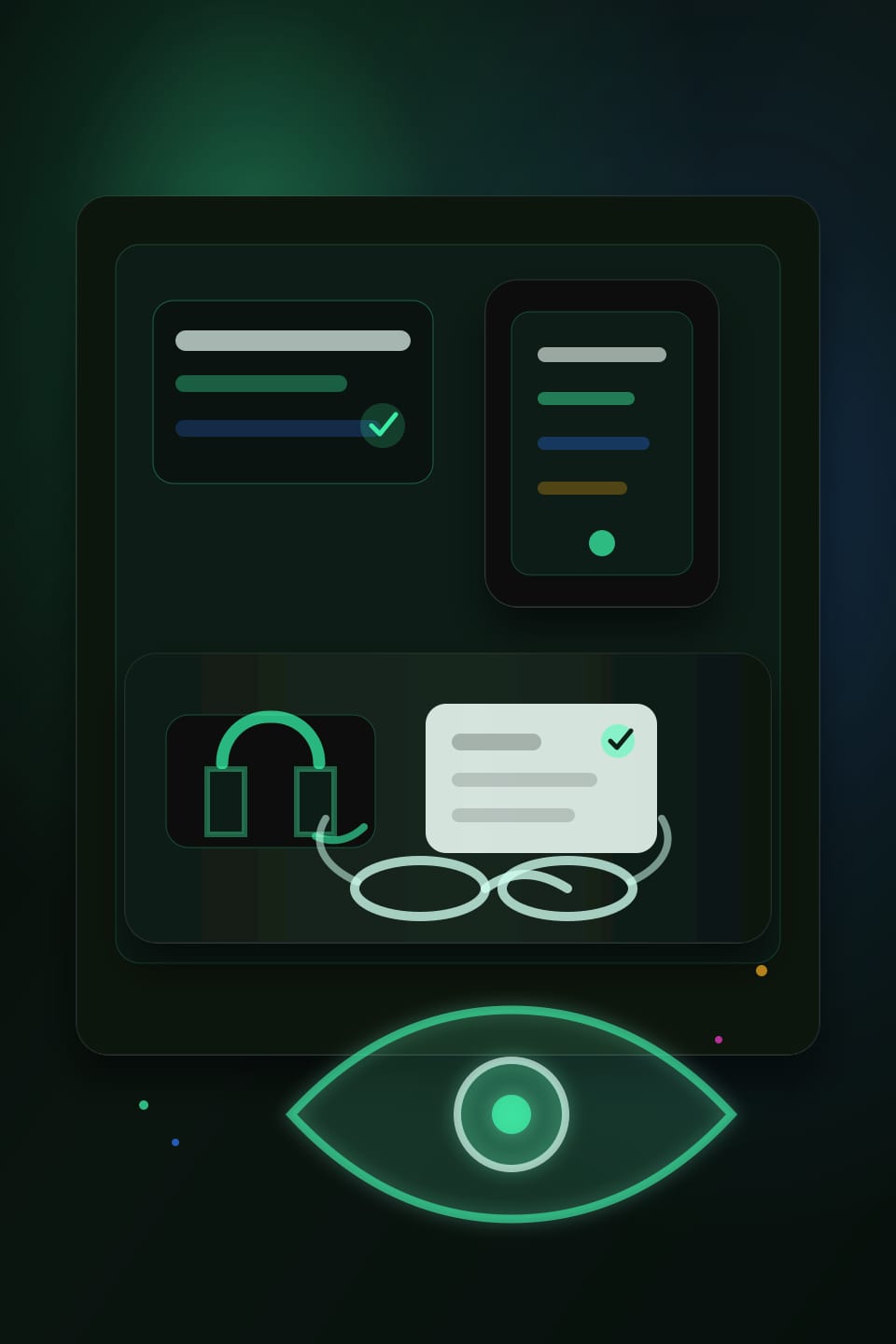 Optometry eye exam and insurance call desk with phone, headset, scheduling tablet, blank vision-plan card, glasses, and exam-room cues.
