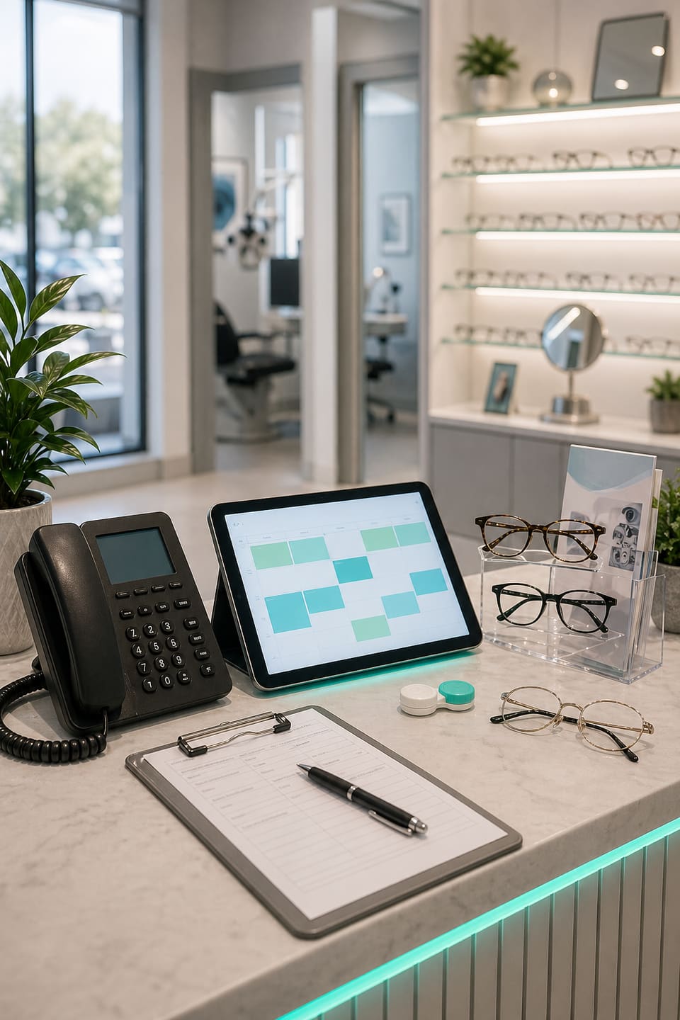 Optometry clinic reception counter with phone, appointment tablet, glasses, and optical display background.