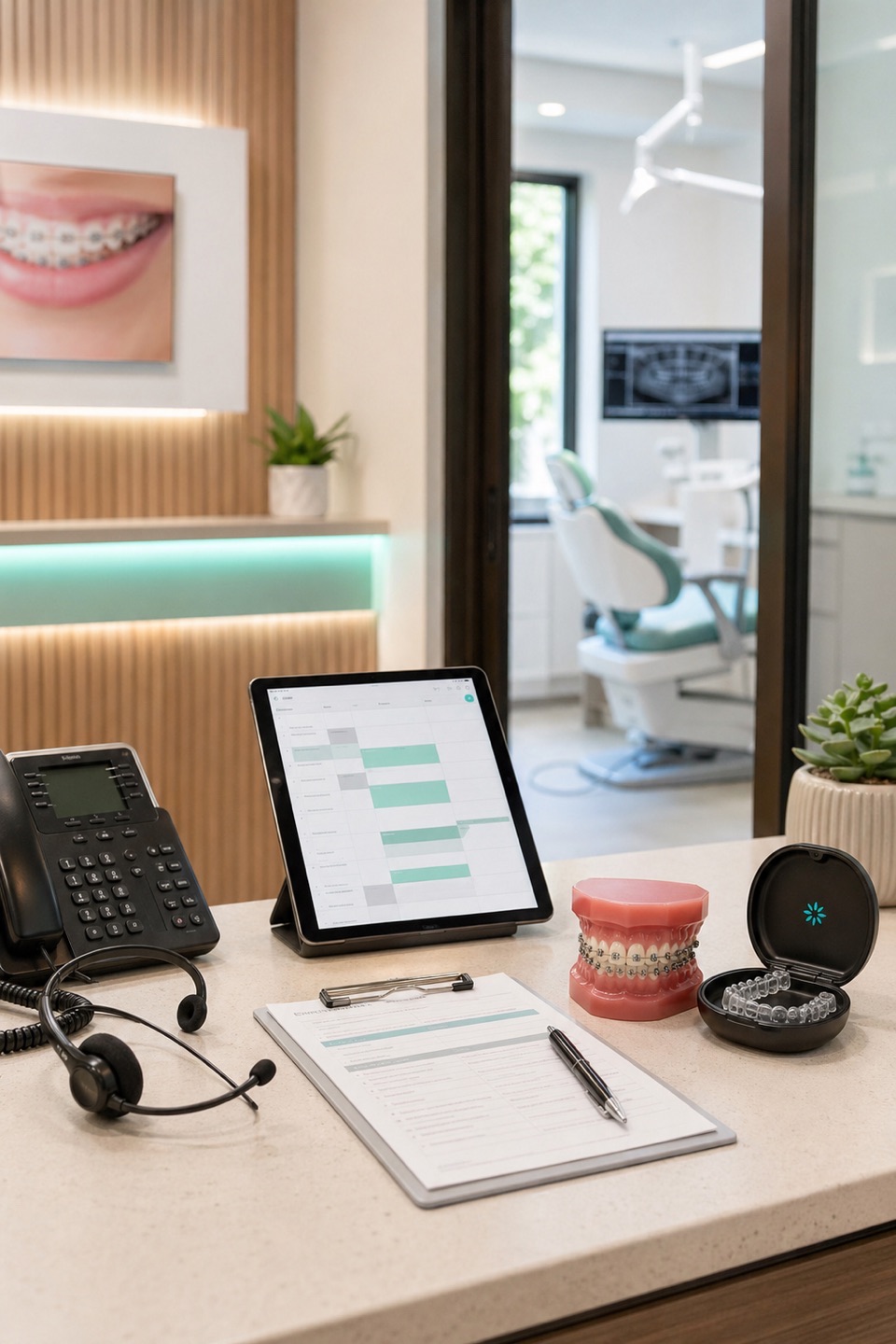 Orthodontic consultation desk with phone, headset, scheduling tablet, braces model, blank payment plan forms, and treatment coordinator notes.