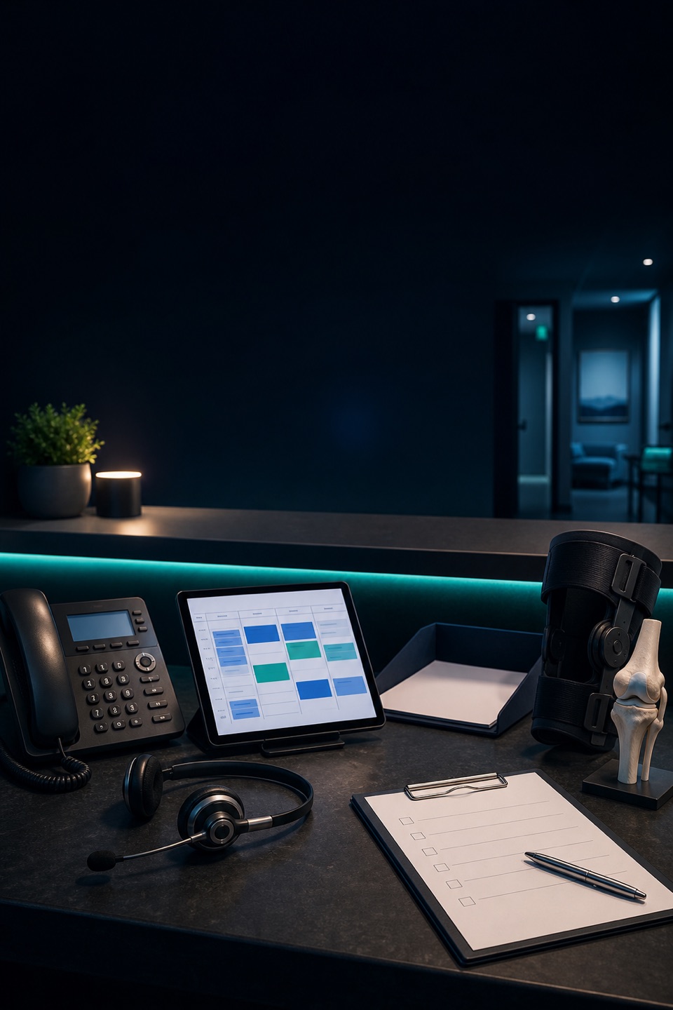 Orthopedic schedule recovery desk with phone, headset, open appointment calendar, blank waitlist folder, knee brace, and surgery-prep checklist.