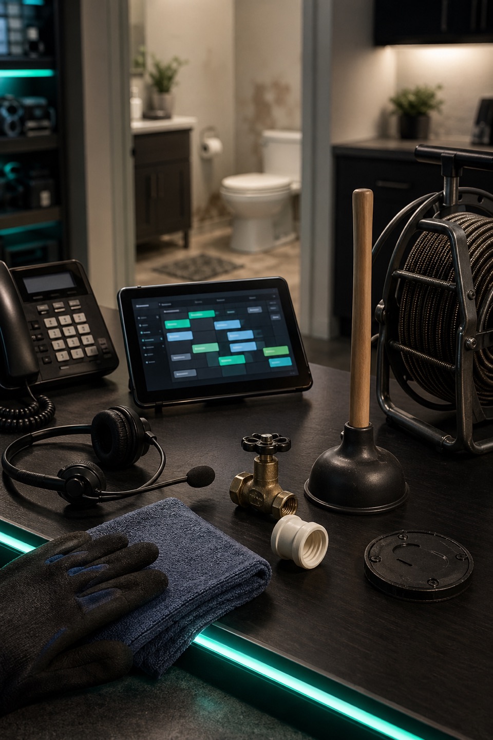 Emergency plumbing dispatch workbench with phone, headset, scheduling tablet, clean plunger, auger, shutoff valve, gloves, and bathroom service context.