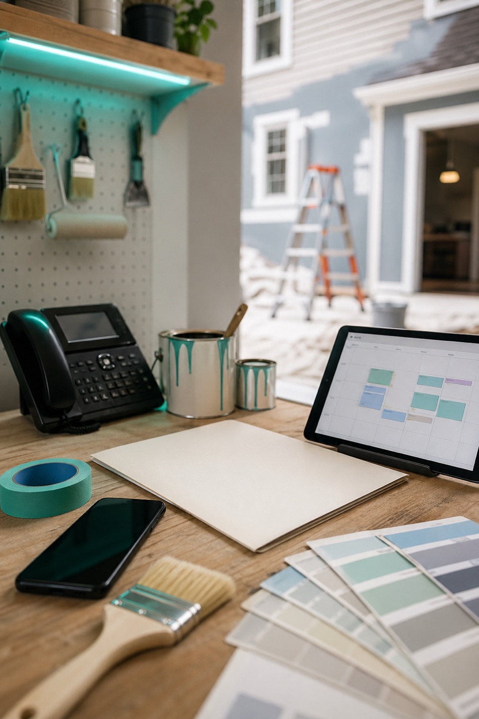 Painting contractor estimate desk with phone, scheduling tablet, paint swatches, brushes, and exterior repaint job.