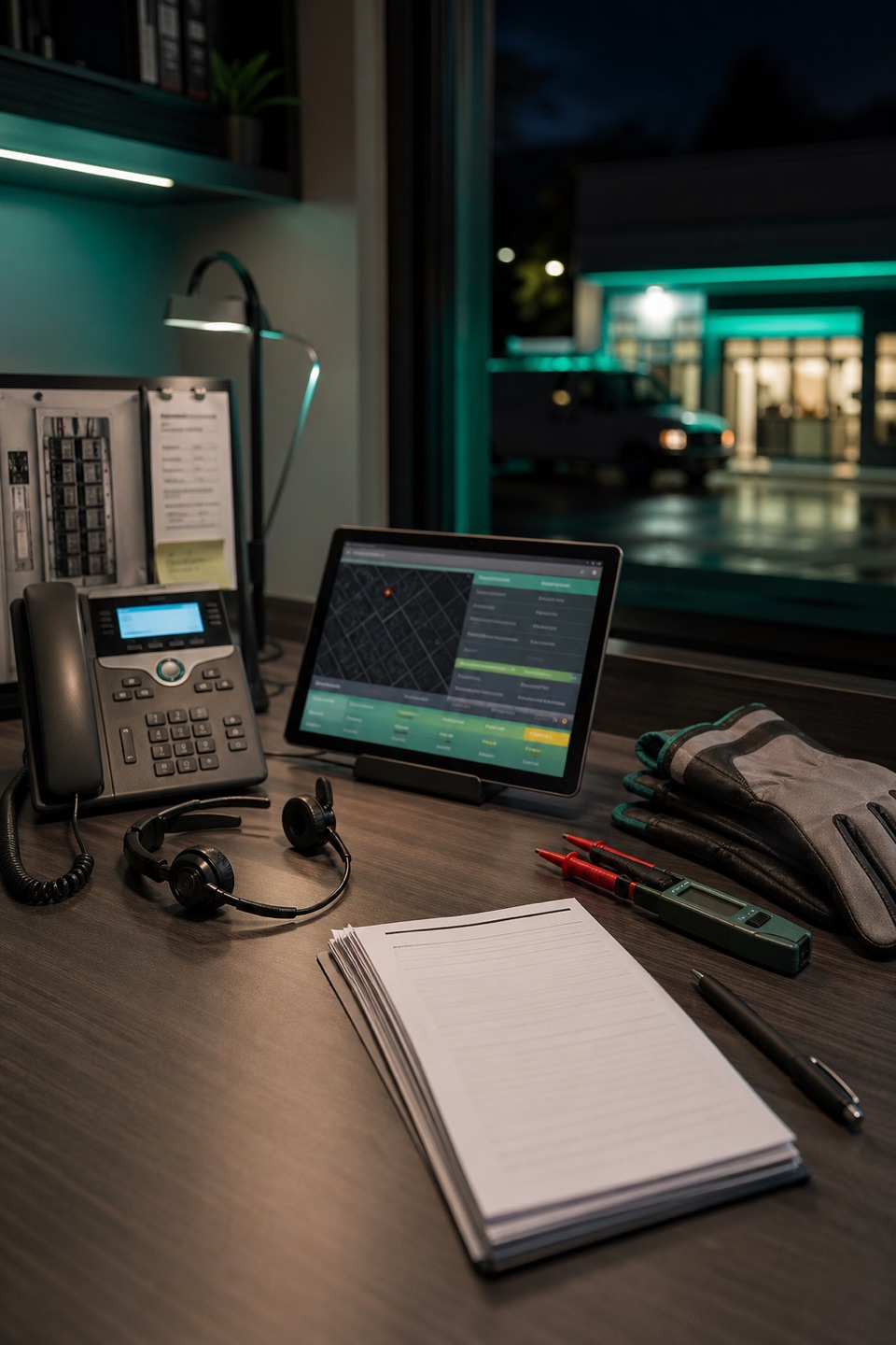 Emergency electrician dispatch workbench with phone, status tablet, breaker panel notes, insulated gloves, voltage tester, and business opening cues.