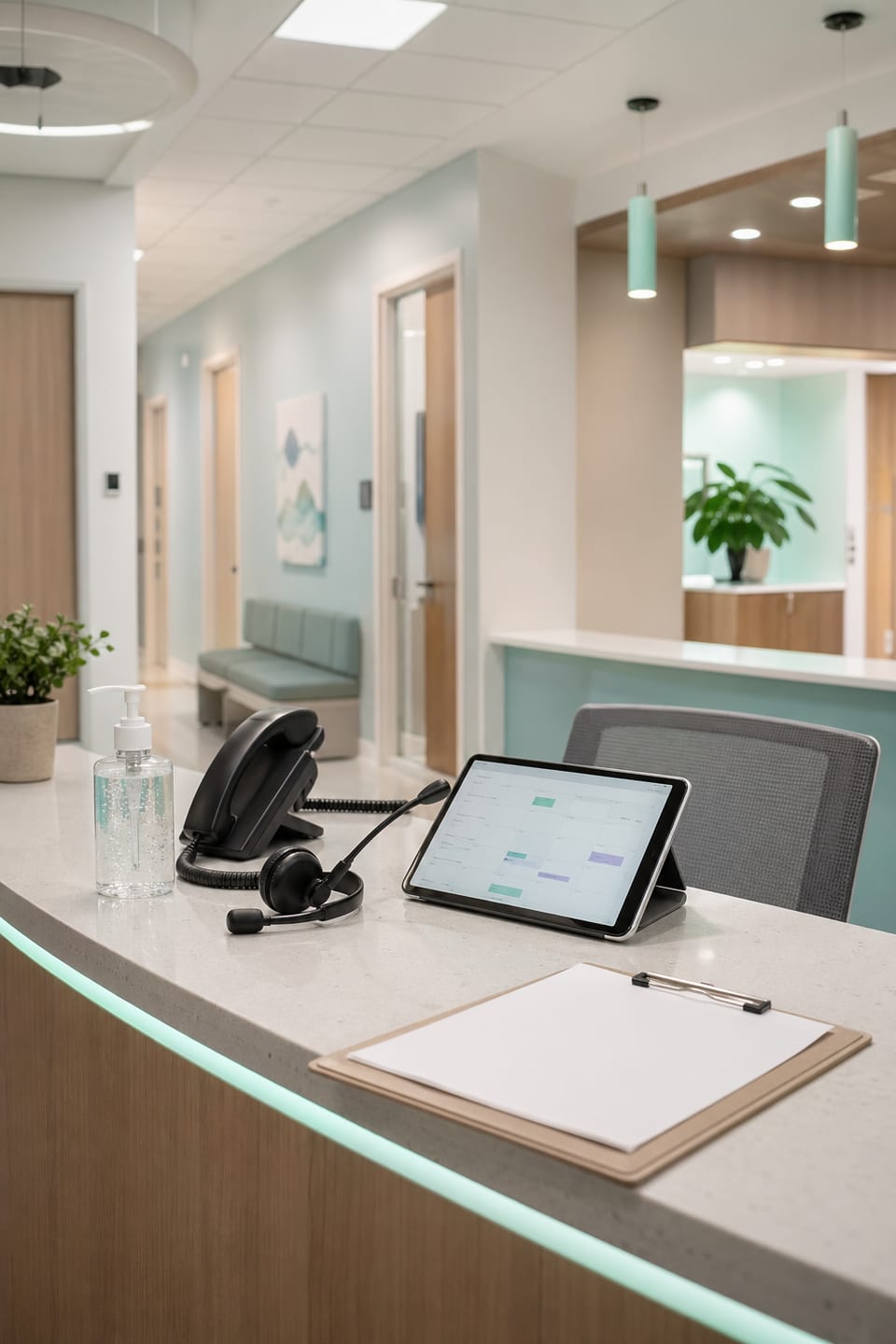 Pediatric urgent care intake desk with phone, headset, scheduling tablet, blank forms, sanitizer, and calm clinic hallway.