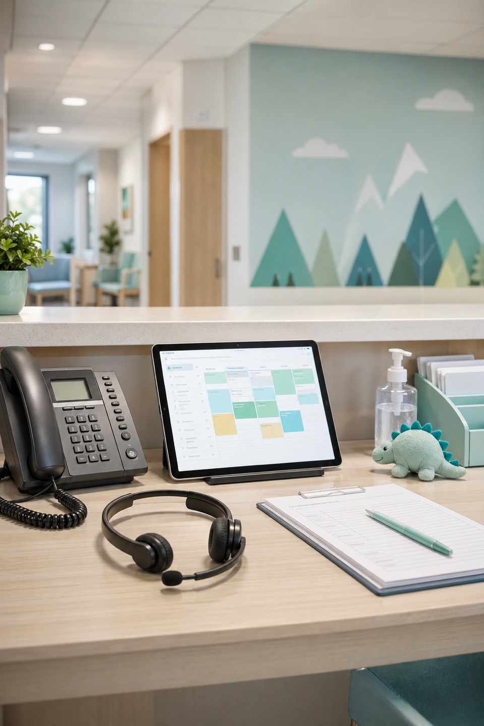 Pediatric urgent care intake desk with phone, headset, scheduling tablet, blank forms, sanitizer, and calm clinic hallway for cough and wheezing calls.