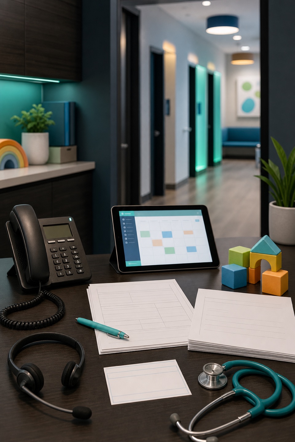 Pediatric primary care parent-call desk with phone, headset, appointment tablet, blank school forms, vaccine record card, and clinic hallway.