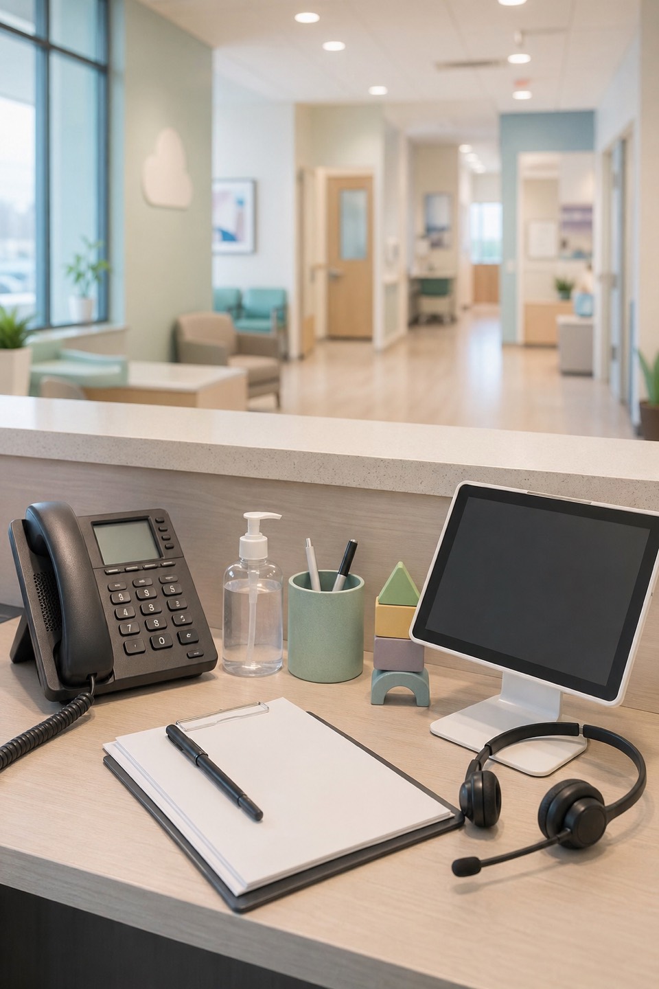 Pediatric urgent care intake desk with phone, headset, scheduling tablet, blank forms, sanitizer, and calm clinic hallway with teal accents.