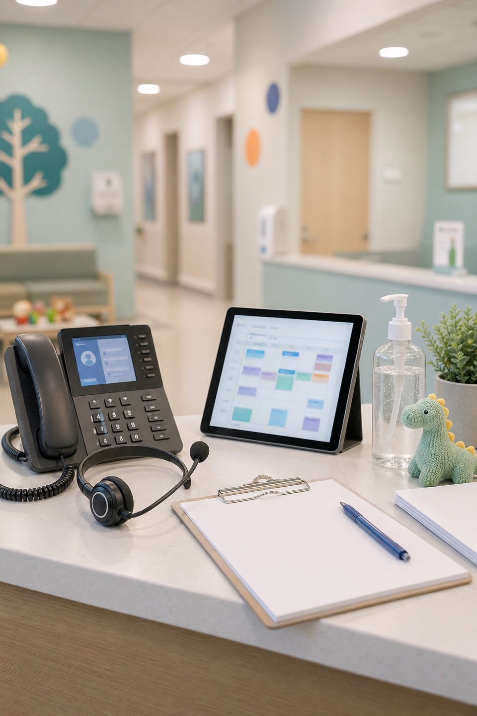 Pediatric urgent care intake desk with phone, headset, scheduling tablet, blank forms, sanitizer, and calm clinic hallway.