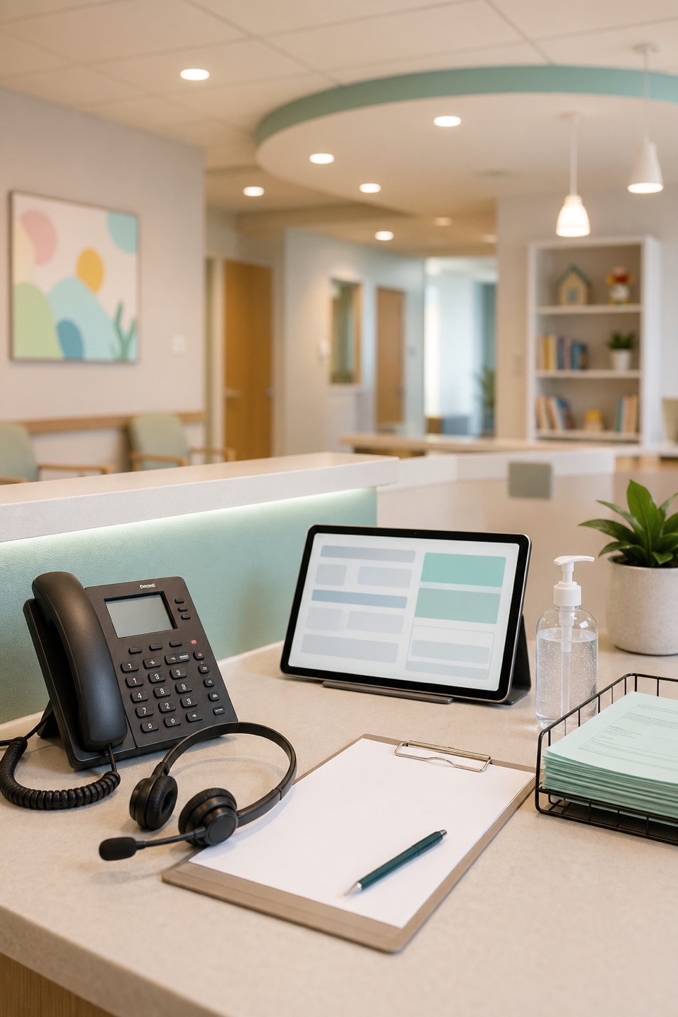 Pediatric urgent care intake desk with phone, headset, scheduling tablet, blank forms, sanitizer, and calm clinic hallway for vomiting and dehydration concern calls.