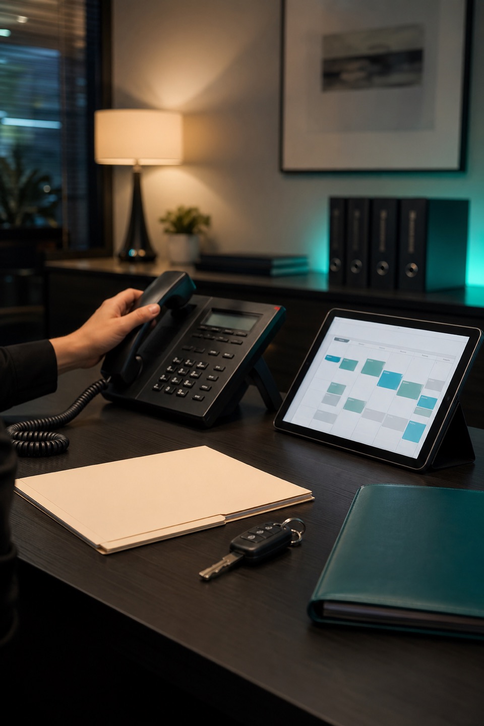 Personal injury law firm intake desk with phone, headset, blank case folder, and scheduling tablet.