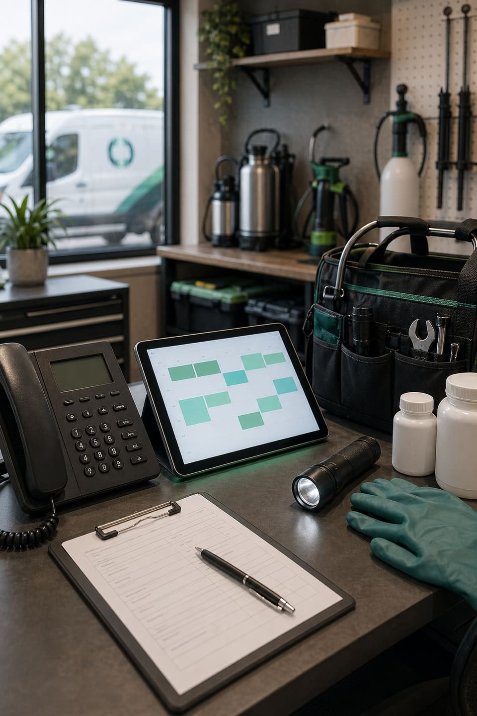 Pest control dispatch desk with phone, route tablet, inspection tools, and clean equipment room.