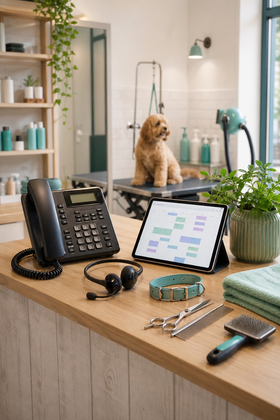 Pet grooming salon booking counter with phone, scheduling tablet, grooming tools, towel, and soft teal accents.
